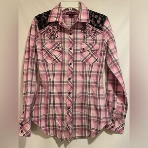 Rock & Roll Cowgirl Pink Plaid Shirt with Black lace Accents